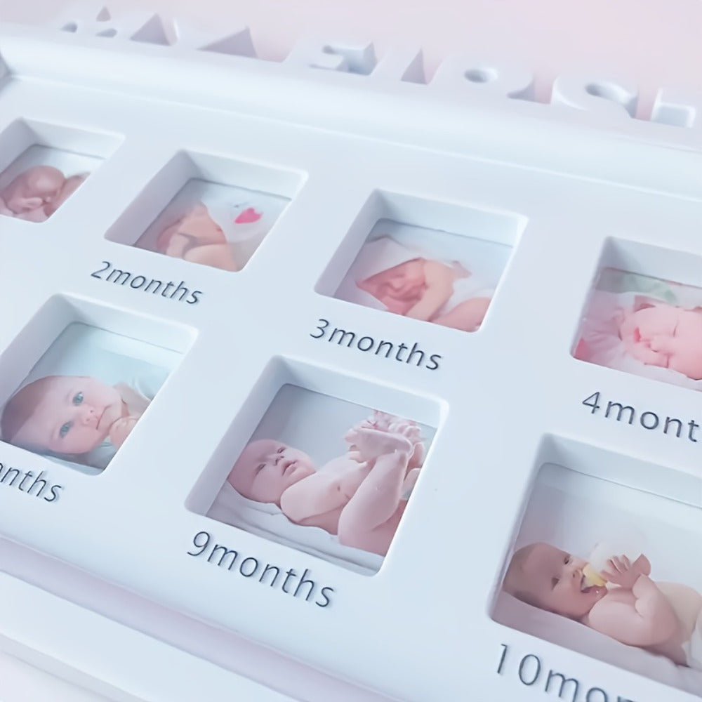Baby First Year Picture Frame Newborn Memory Keepsake - White Photo Frame Gift for New Mom with Milestone Display, 17.32x9.06 Inch Nursery Wall Decor for Baby Shower First Birthday Gifts