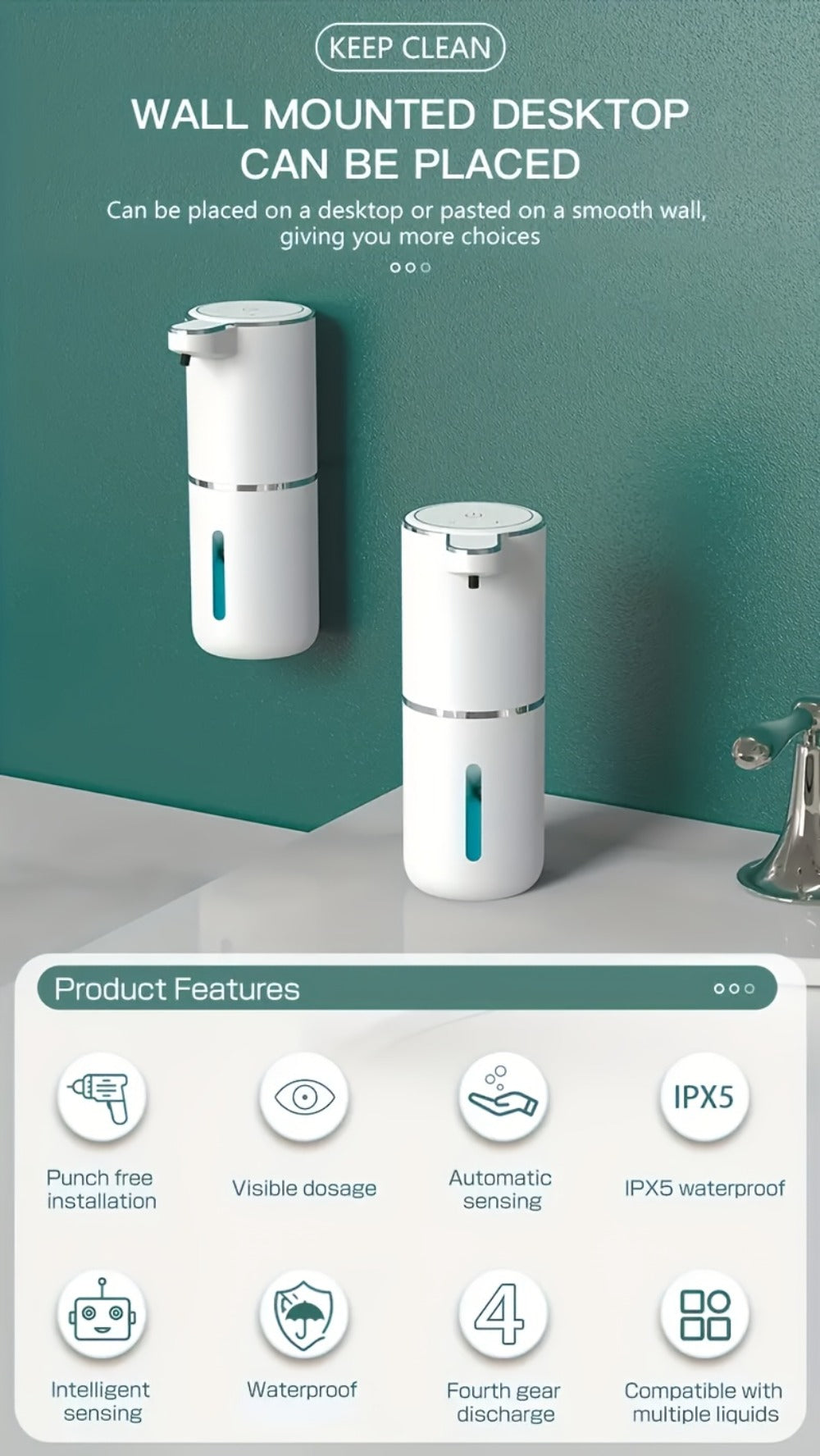 Automatic Foam Soap Dispenser Wall Mount Touchless 400ml USB Rechargeable IPX5 Waterproof 4 Adjustable Levels Sensor Soap Pump for Bathroom Kitchen Sink Office Hotel