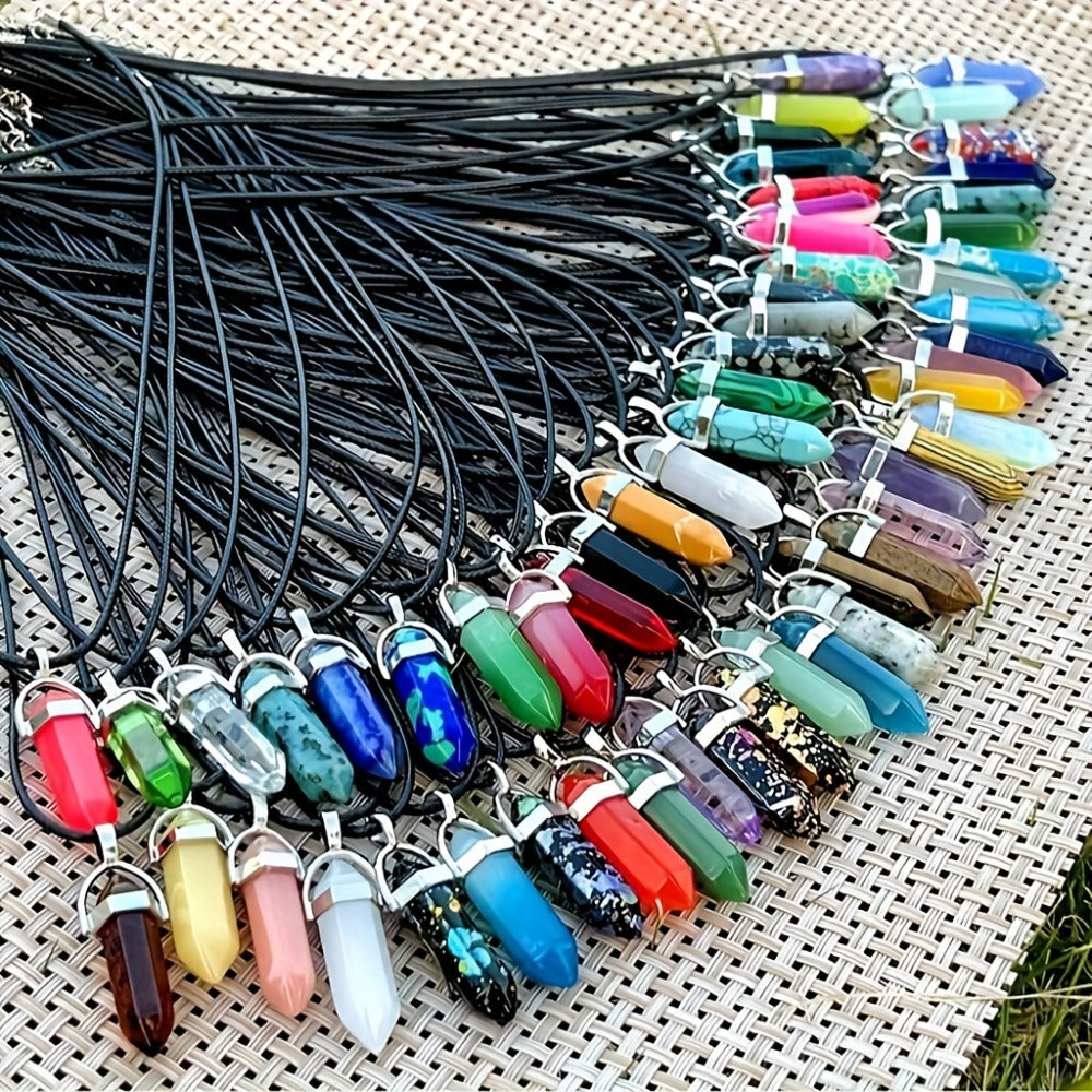 Crystal Natural Stone Pendant Necklace Set Bulk 60Pcs 30Sets Hexagonal Shaped Assorted Color for Jewelry Making Craft DIY Daily Wear Gift