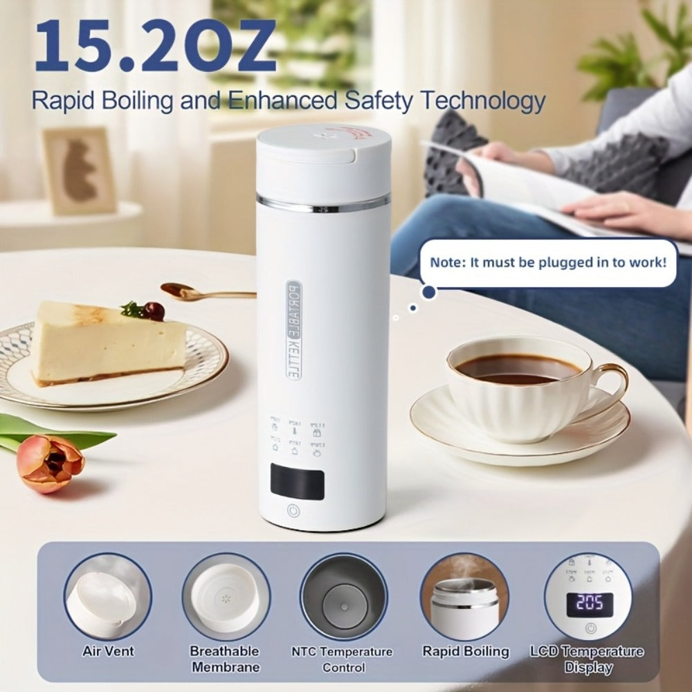 Travel Electric Kettle Portable Mini Water Boiler | 6 Temperature Settings | 304 Stainless Steel | Auto Shut-Off Boil-Dry Protection | BPA-Free | 15oz Coffee Tea Milk Kettle for Travel Home Office