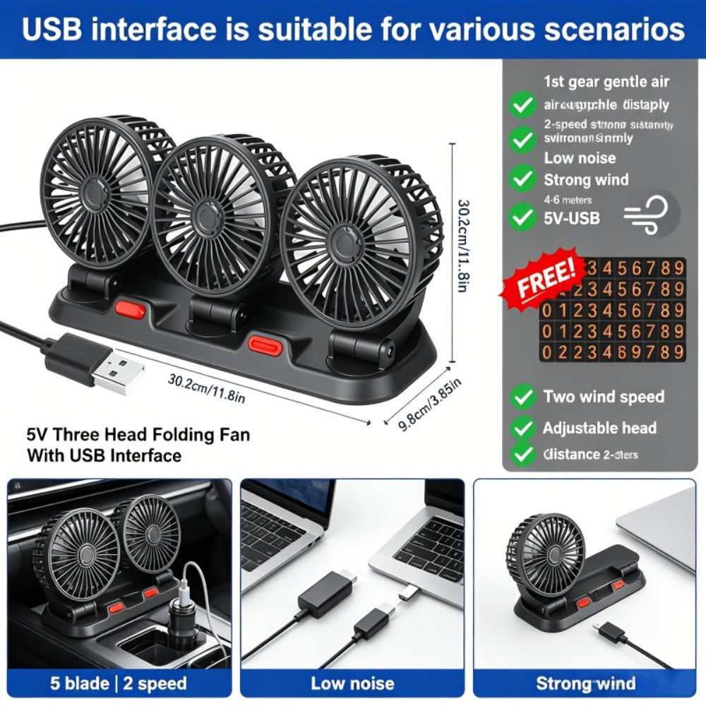 USB 3-Head Desk Fan Quiet Operation Adjustable Speed Powerful Efficient Cooling for Home Office Bedroom Computer Power Bank Compatible Black