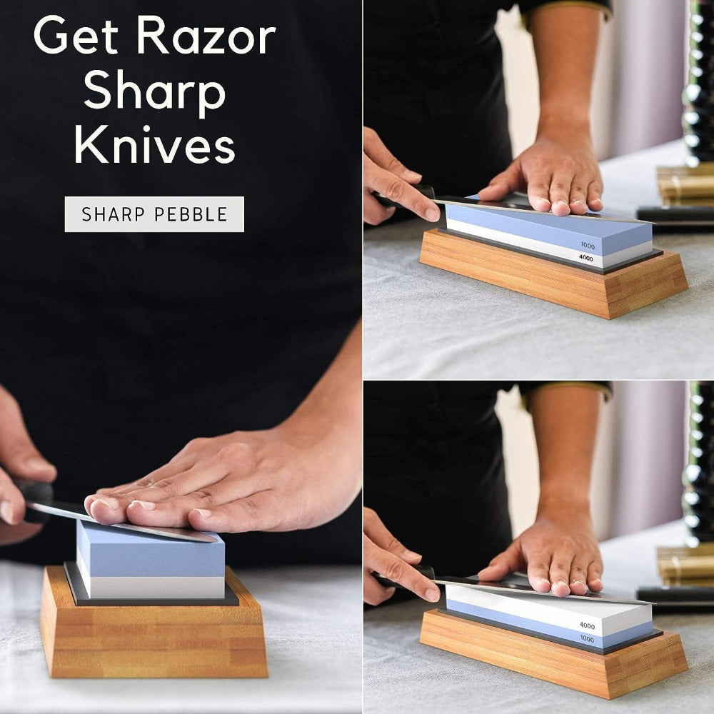 Knife Sharpening Stone 1000/4000 Grit Whetstone Set with Non-Slip Bamboo Base and Angle Guide - Dual Grit Whetstone Knife Sharpener for Kitchen Knives Chef Blades Scissors