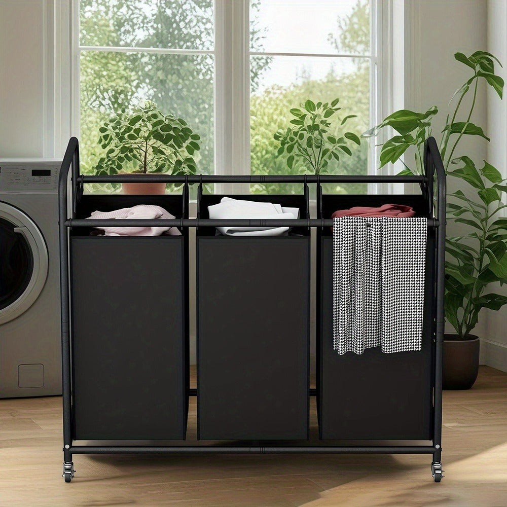 3-Bag Laundry Sorter Cart 63.4 Gallon ¨C Rolling Hamper with Lockable Wheels & Removable Bags, Heavy-Duty Fabric Laundry Basket for Bedroom & Laundry Room, Black Gray Beige Brown