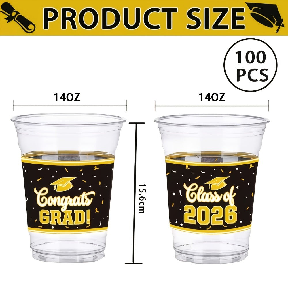 100Pcs Graduation Party Cups Class of 2026 Disposable Plastic Cups Congrats Grad Celebration Tableware Party Supplies