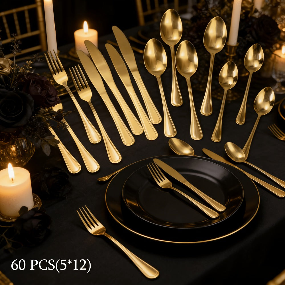 84-Piece Golden Cutlery Set Service for 12 | Knife Fork Spoon Set for Family Gatherings Camping BBQ Kitchen Utensils
