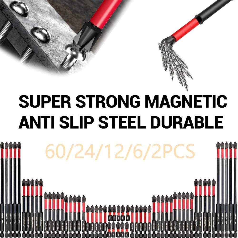Impact Screwdriver Bits S2 Steel Anti-Slip, Magnetic Phillips Cross Drill Bit Set with Anti-Slip Teeth & High Hardness Tungsten Steel, Power Tool Bits for Home Repair, Bicycle, Furniture & DIY (2/24/60pcs)