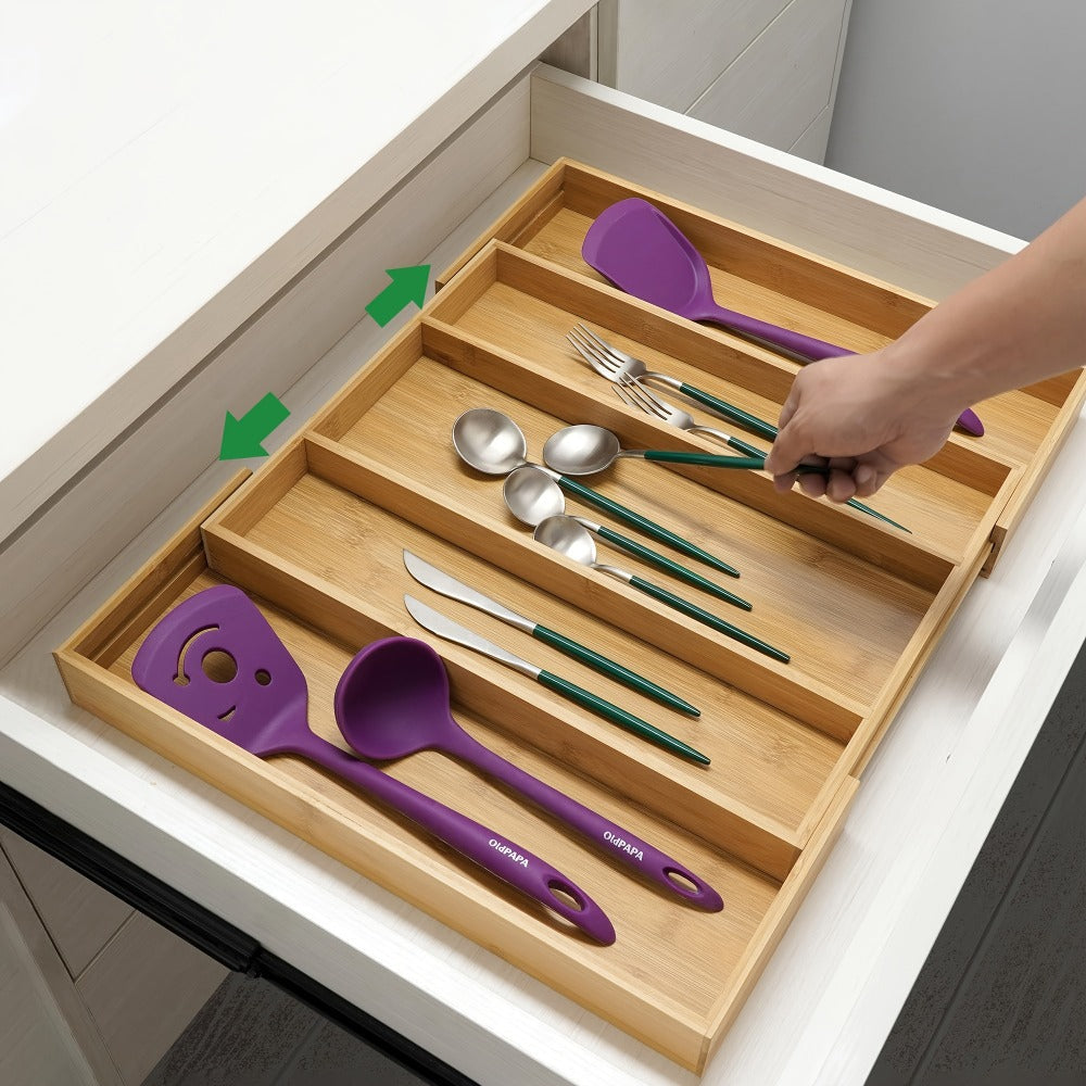 Bamboo Drawer Organizer Expandable Utensil Tray | Adjustable Silverware Organizer for Kitchen Drawers | 5 or 9 Compartments Cutlery Divider for Fork Spoon Knife Kitchen Tools