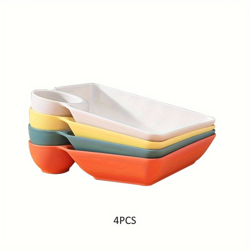 Colorful Serving Plates Set 4 Piece - BPA-Free PP Rectangular Snack, Sushi & Appetizer Plates with Dipping Sauce Compartments for Charcuterie Boards, Desserts & Holiday Party Entertaining