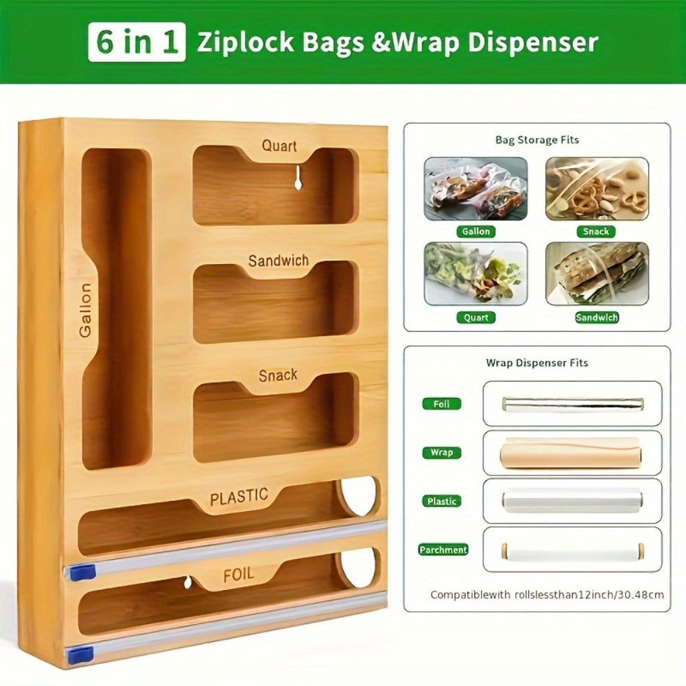 Bamboo Kitchen Organizer 6-in-1 - Aluminum Foil Plastic Wrap Dispenser with Cutter Ziplock Bag Organizer for Kitchen Drawer Gallon Quart Sandwich Snack Bags Storage