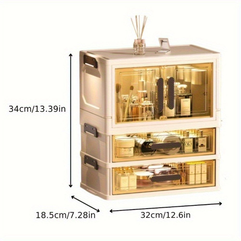 Makeup Storage Cabinet with Transparent Drawers, Stackable Cosmetic Organizer for Vanity, Foldable Plastic Skincare Storage Box, Retro White Gold Design, Desk Organizer for Bedroom Home
