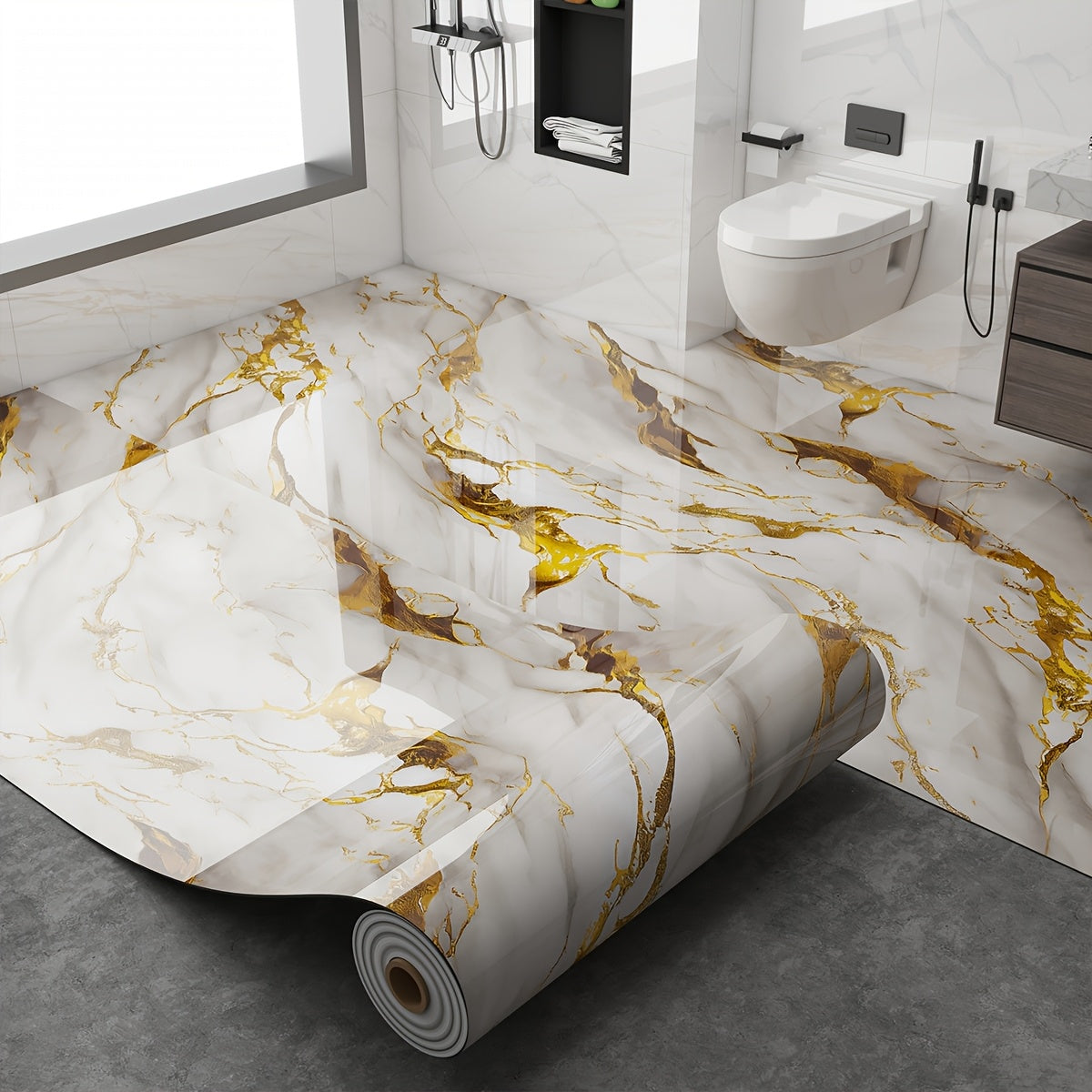 Peel and Stick Floor Tile Sticker 15.7¡±x118¡± Self-Adhesive Marble Pattern Vinyl Roll ¨C 3mm Thick Removable Flooring for Kitchen Backsplash, Bathroom, Shower Room & Home Renovation