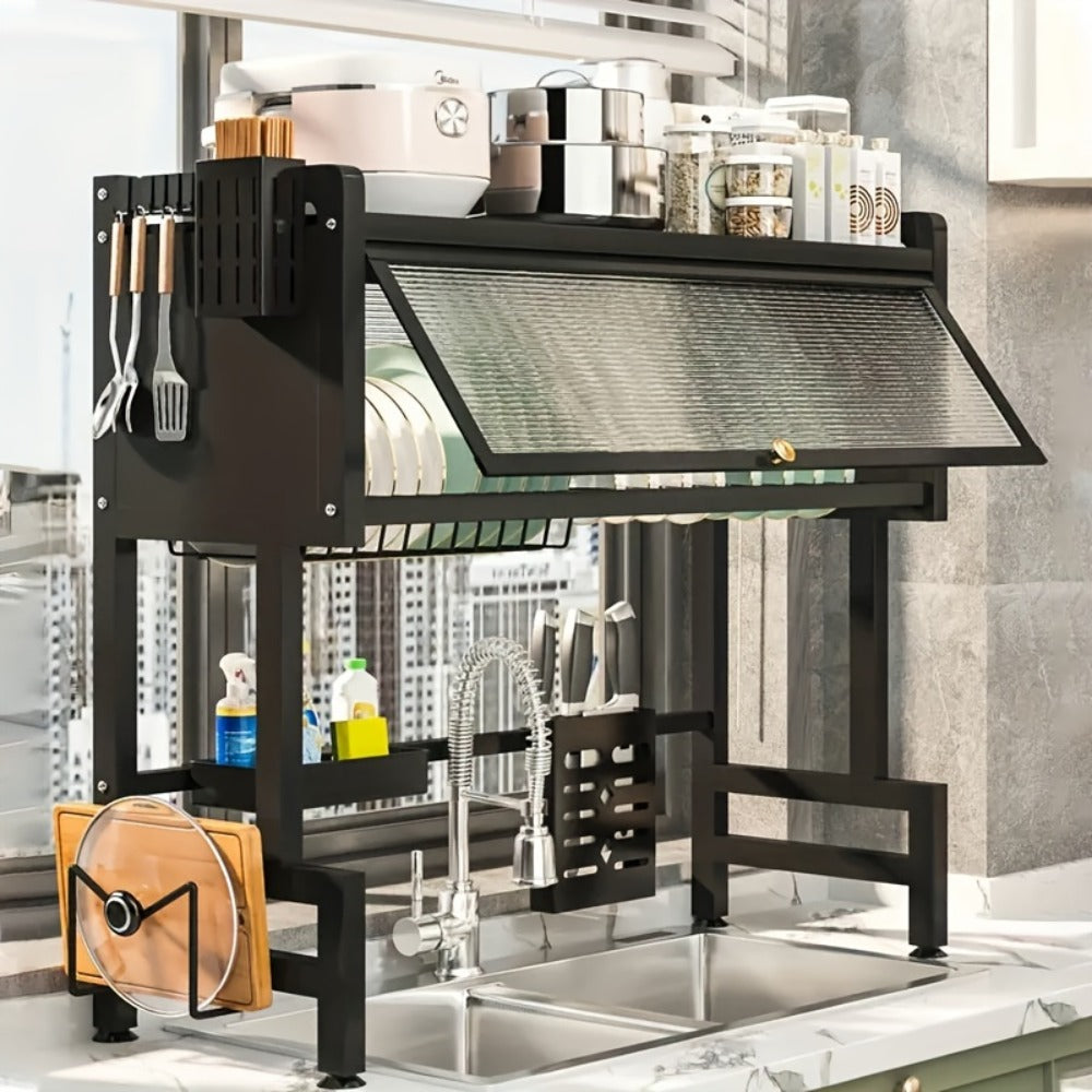 Dish Drying Rack Multi-Tier Kitchen Countertop Drain Rack with Dustproof Cover, Large Capacity Bowl Chopstick Utensil Storage Shelf Organizer for Kitchen Sink