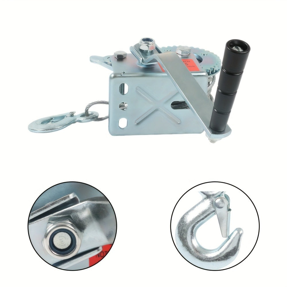 Manual Hand Winch Heavy Duty Carbon Steel 800-1600 lbs - Double Brake Safety System, Strap Winch with Mooring Hook & Safety Pawl, for Boat, ATV, Trailer, Farm, Garage & Industrial Pulling Tasks