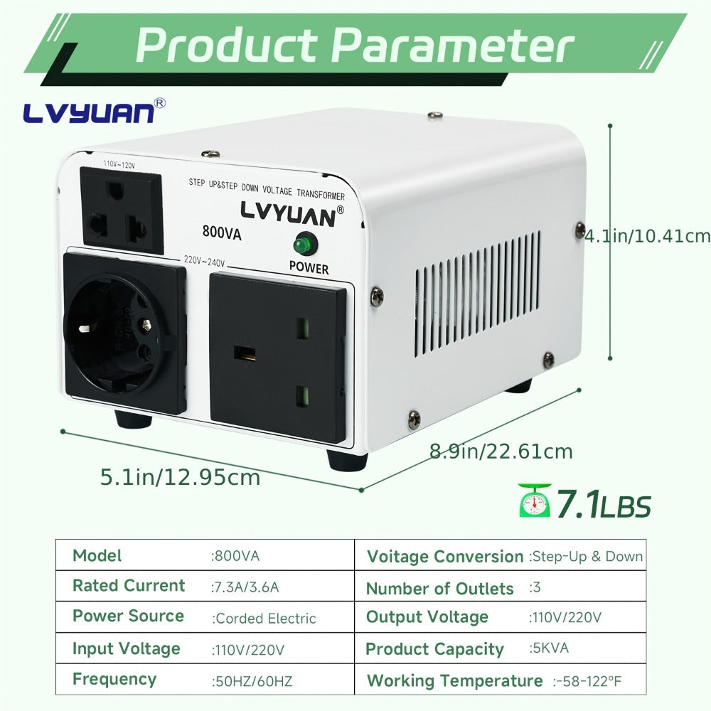 Heavy-Duty Voltage Converter Transformer 800W Continuous 5000W Peak - Step Up Step Down 110V to 220V, Aluminum Alloy Housing, Overload Indicator, Safety Protection, Black & White Options