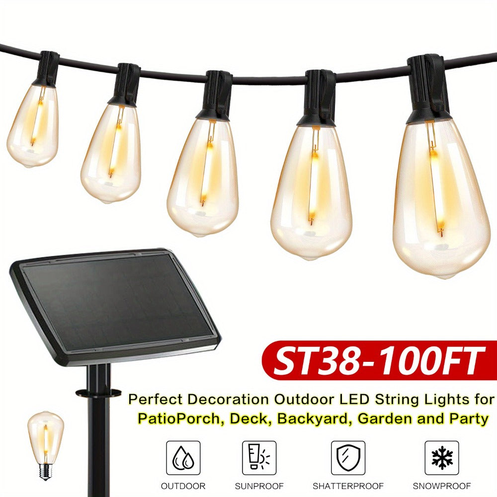 Solar String Lights Outdoor 50/100FT, 2700K Warm White Waterproof Patio String Lights, Breakproof ST38 E12 Bulbs for Backyard Porch Garden Pergola