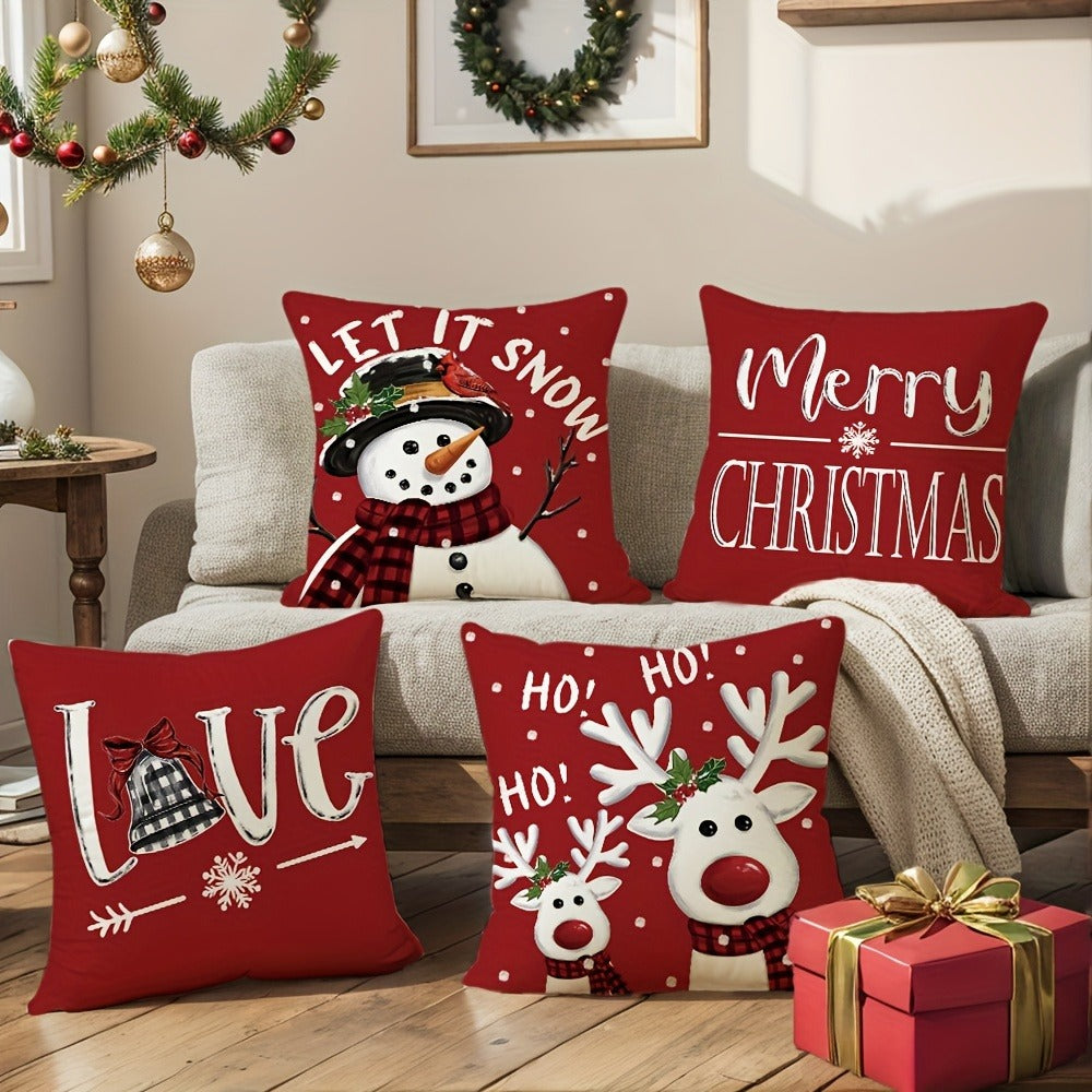 Christmas Throw Pillow Covers 4pcs Set 18x18 | Reindeer Snowman Buffalo Plaid Cushion Covers, Winter Holiday Farmhouse Home Decor, Sofa Couch Porch Patio, No Insert