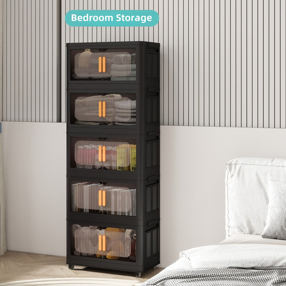 Rolling Storage Cart 4 5 Tier Double Door Collapsible Stackable Plastic Organizer with 360 Lockable Wheels Space Saving Bin for Dorm Office Closet Bedroom Garage Gym