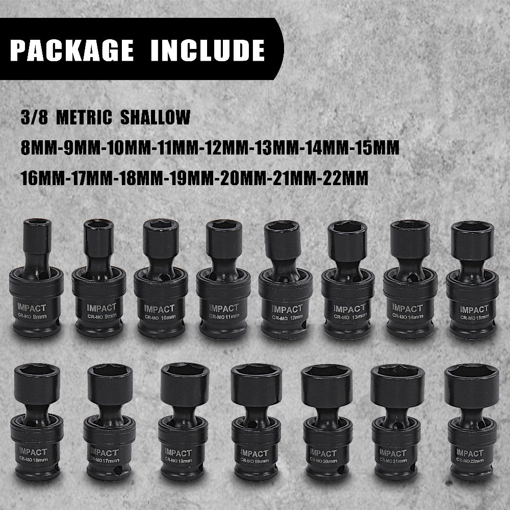 Impact Socket Set 3/8¡± Drive, 15-Piece Swivel Impact Universal Socket Set & 17+1 Piece Accessory Set, 8mm-22mm Cr-Mo Steel with Black Phosphate Finish, Professional Tool Kit for Home & Auto Repair