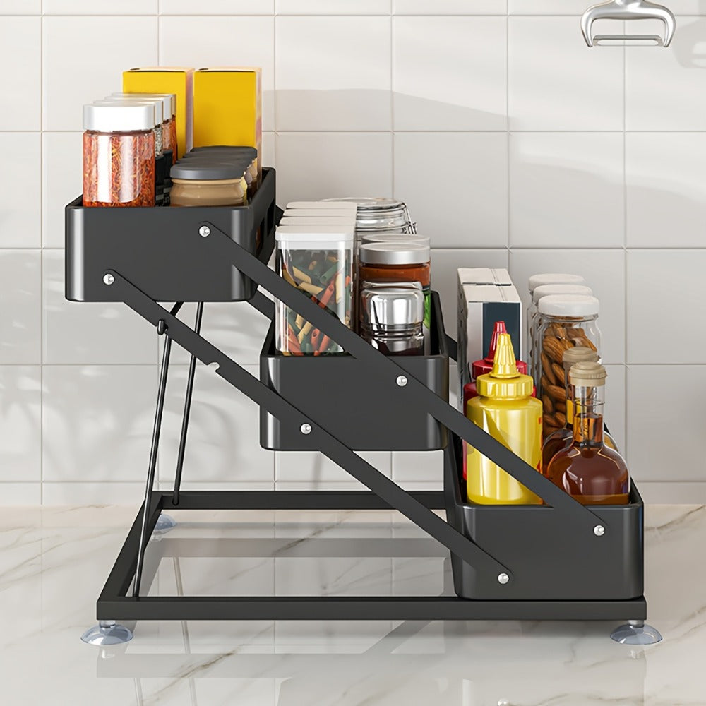 3-Tier Foldable Spice Rack Organizer with Safety Rails - Space-Saving Countertop & Cabinet Storage for Kitchen Pantry, Durable Metal Finish, Sturdy Construction