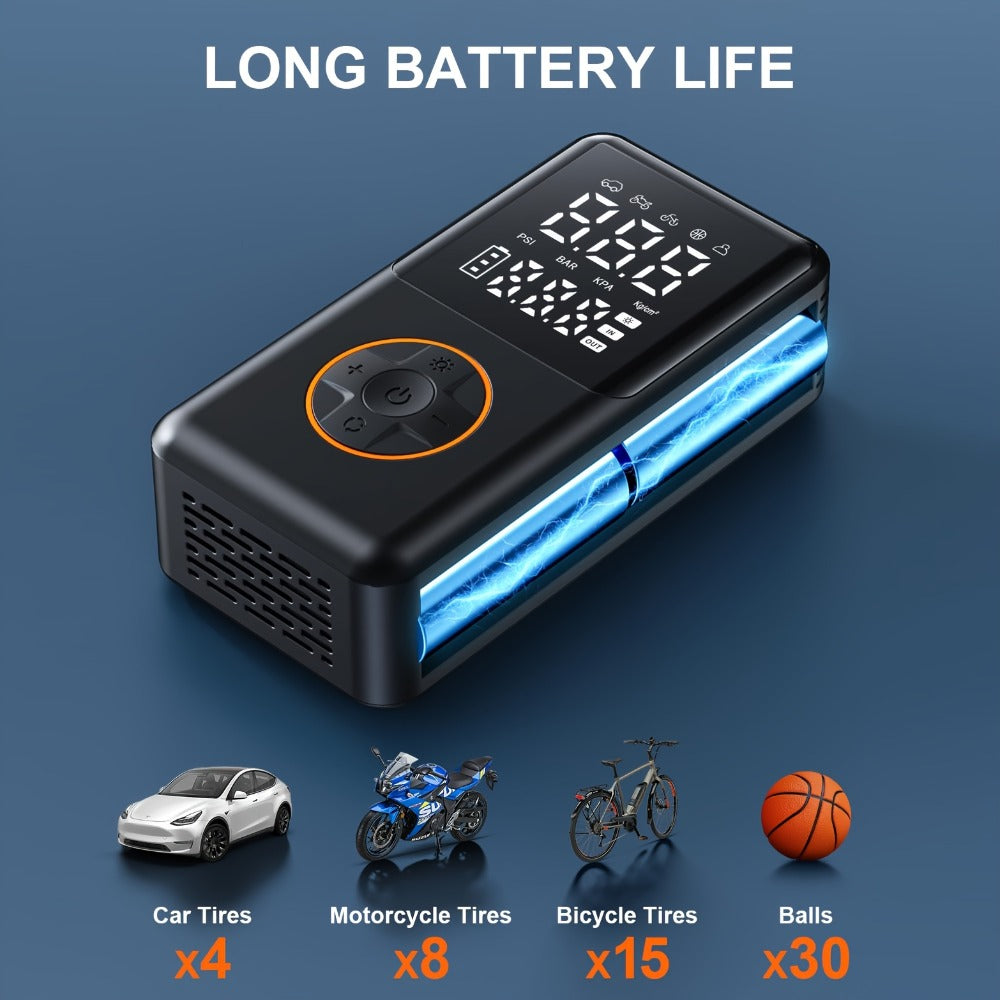 Portable Tire Inflator Cordless 150PSI Electric Air Compressor Pump with LCD Display, Auto Shut-Off, LED Light & Preset Pressure for Car Motorcycle Bike Sports Ball Camping Outdoor Emergency