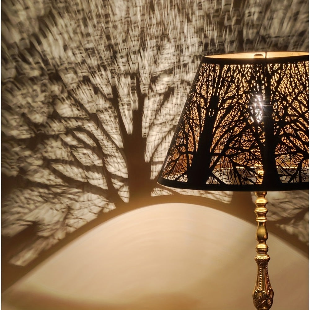 Metal Lampshade Etched Forest & Leaf Design | Black Exterior Gold Interior | Barrel Lamp Shade for Table Lamp & Floor Lamp | Medium Large Decorative Lampshade 7x13x7.8 inch