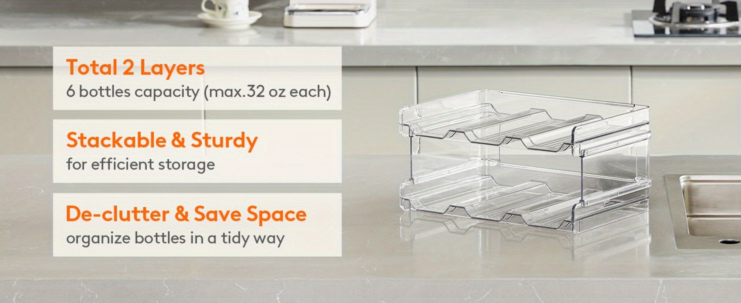 Stackable Water Bottle Organizer for Cabinet & Kitchen Pantry ¨C Tumbler Travel Mug Cup Holder, Plastic Fridge Wine Rack, Holds 5/6/8/9/11/12 Bottles