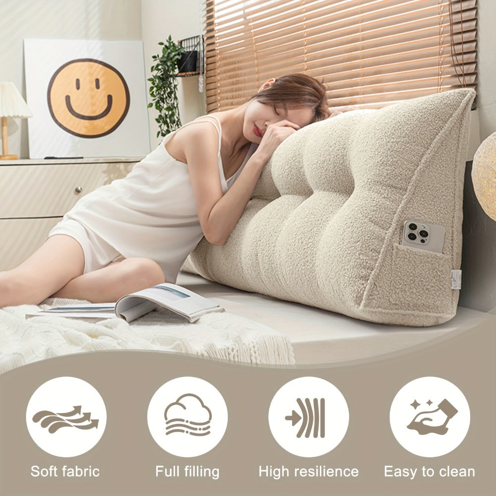 Bed Wedge Pillow Headboard Pillow with Side Pockets Removable Washable Cover Teddy Velvet Reading Pillow Twin Queen King