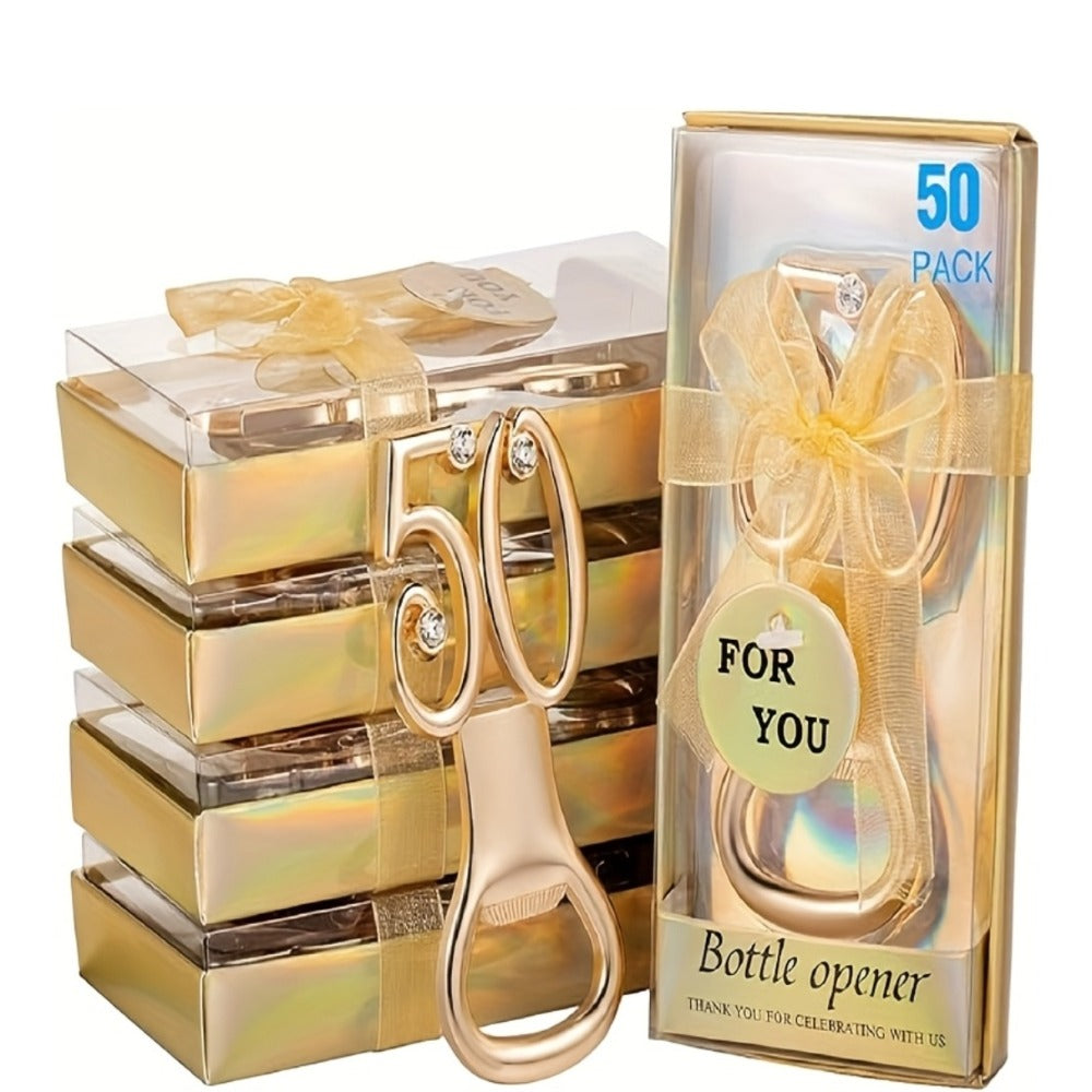 Rhinestone Bottle Opener Party Favors 50 Pack - Gold 50th Birthday & Wedding Anniversary Souvenirs for Guests, Decorative Beer Opener Bulk Party Favors with Rhinestone Bling Decoration