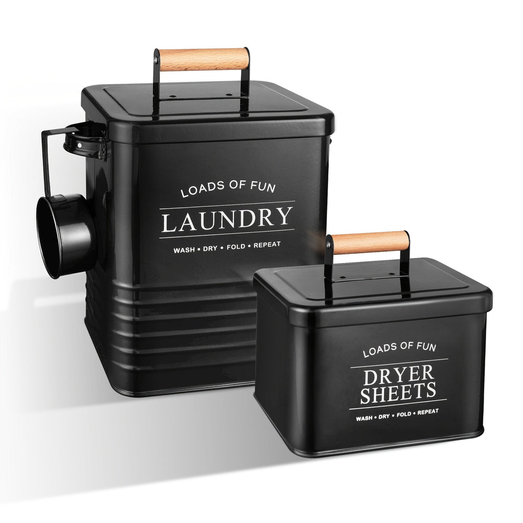 Laundry Pod Container & Dryer Sheet Holder Set with Scoop ¨C Metal Farmhouse Laundry Room Organizer, Detergent Dispenser & Soap Storage
