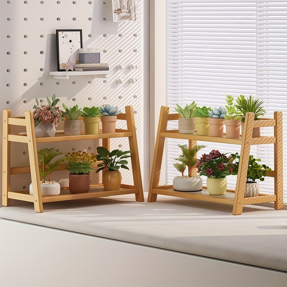 Bamboo Countertop Shelf Organizer 2-Tier - Trapezoidal Wooden Storage Rack for Kitchen Office Bedroom and Desk, Space Saving Riser Shelf for Coffee Cups Books Plants and Everyday Items, Available in Medium, Large or 2 Piece Set