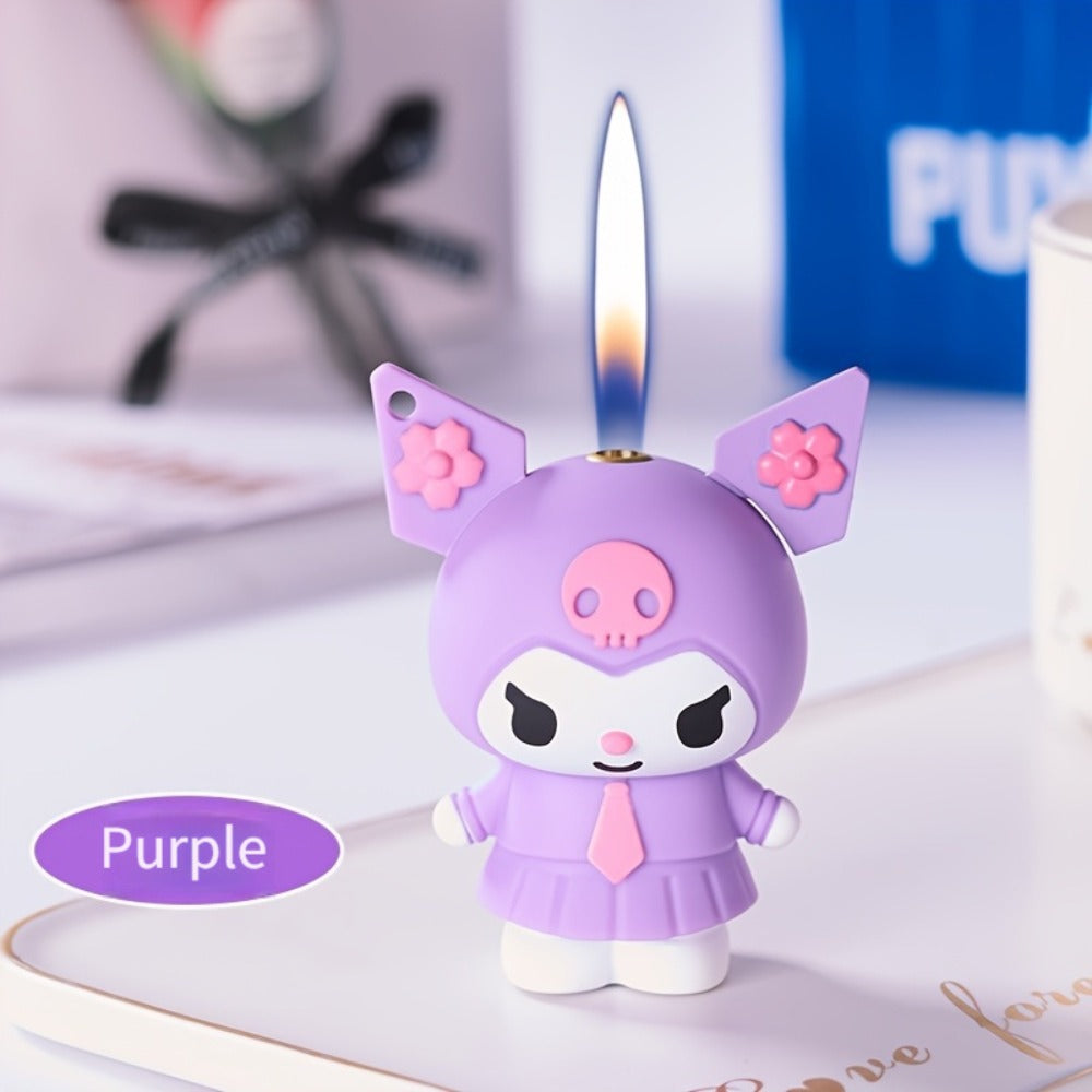 3D Kawaii Anime Figure Lighter with Chain, Cute Kuromi Sanrio Cartoon Open Flame Butane Lighter, Unique Kawaii Gift for Anime Fans, Available in 3 Colors ¨C Black, Purple & Pink (No Butane Included)