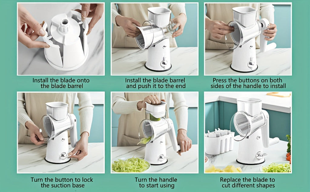 Rotary Cheese Grater with Interchangeable Blades ¨C 5-in-1 Manual Vegetable Slicer Shredder Set, Suction Cup Base, Easy to Clean, Multifunctional Kitchen Tool for Fruits, Vegetables & Nuts