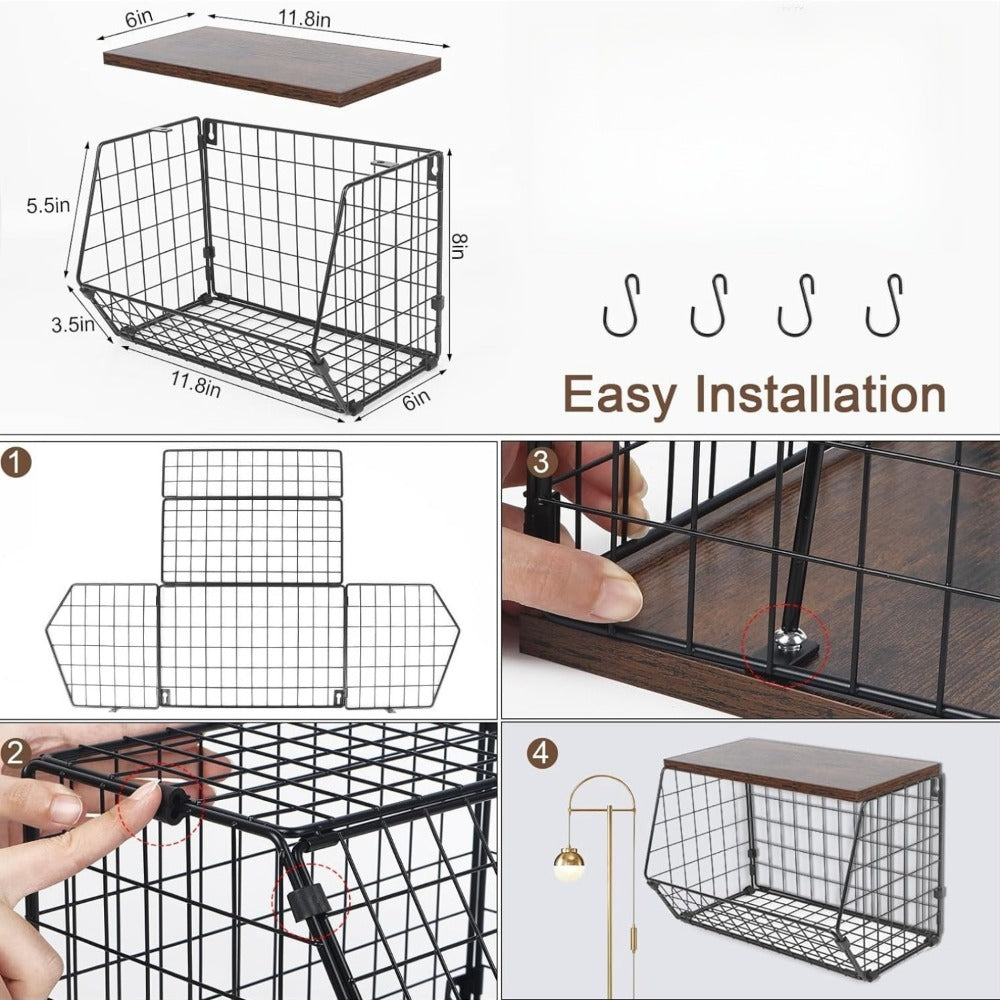 Wall-Mounted Fruit Basket with Wooden Cover - 2-Tier Metal Kitchen Storage Basket with Hooks, Stackable Hanging Organizer for Potatoes Onions Vegetables
