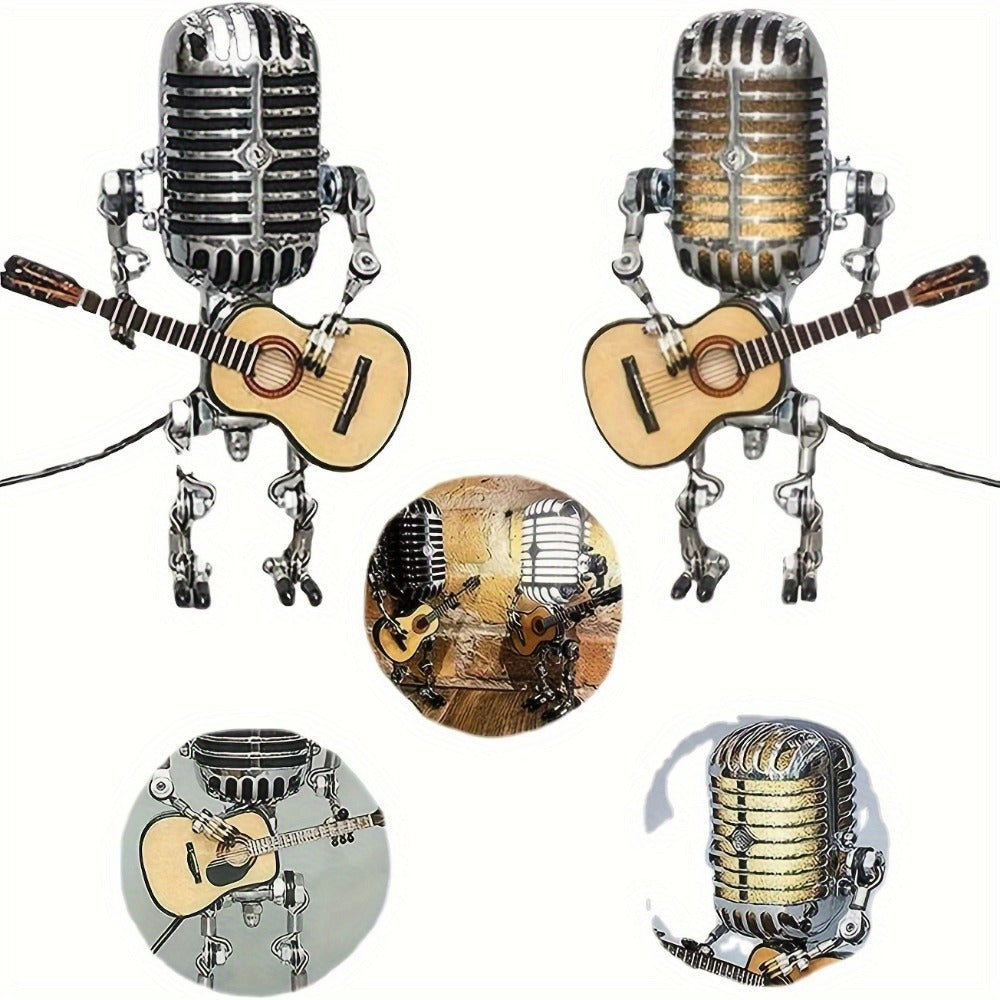 Vintage Microphone Robot Guitar Lamp USB Powered ¨C Retro Decorative Night Light for Music Lovers, Guitar Players, Home, Bar & Office Desk Decor (Red / Yellow)