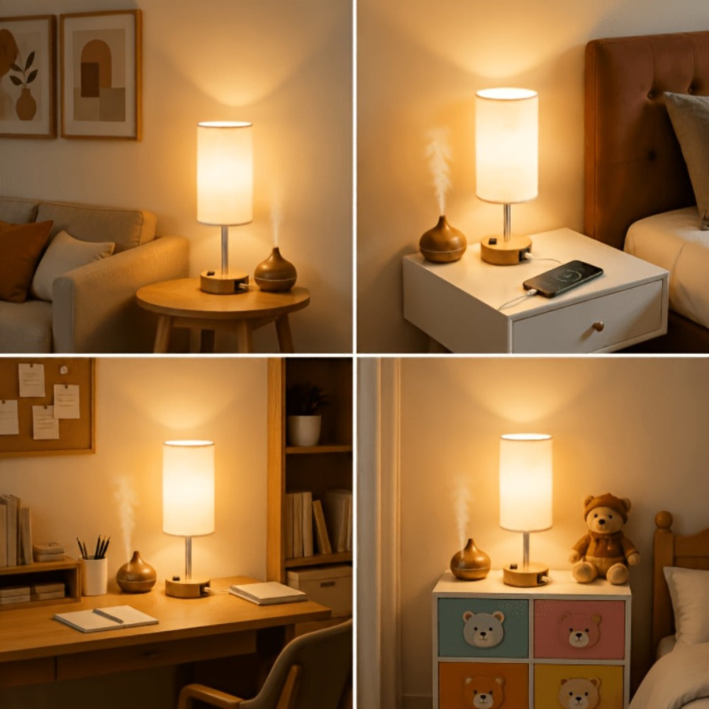 Dimmable Table Lamp with USB Charging Ports & AC Outlet - 3-Way Touch Control Bedside Nightstand Lamp, 6W LED Bulb Included, Wood & Metal Base, Modern Desk Light for Bedroom, Living Room & Office (1 or 2 Pack)