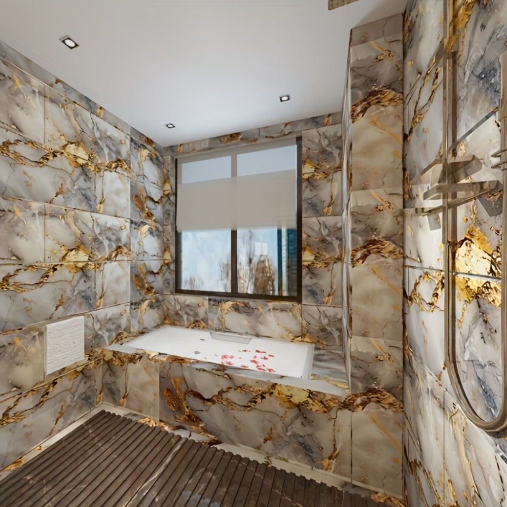 Peel and Stick Wall Tiles 50/100pcs Waterproof PVC Marble Self Adhesive Vinyl Tile Stickers for Bathroom Kitchen Living Room, TV Backdrop Shower Wall Panels Modern Home Decor Easy Installation