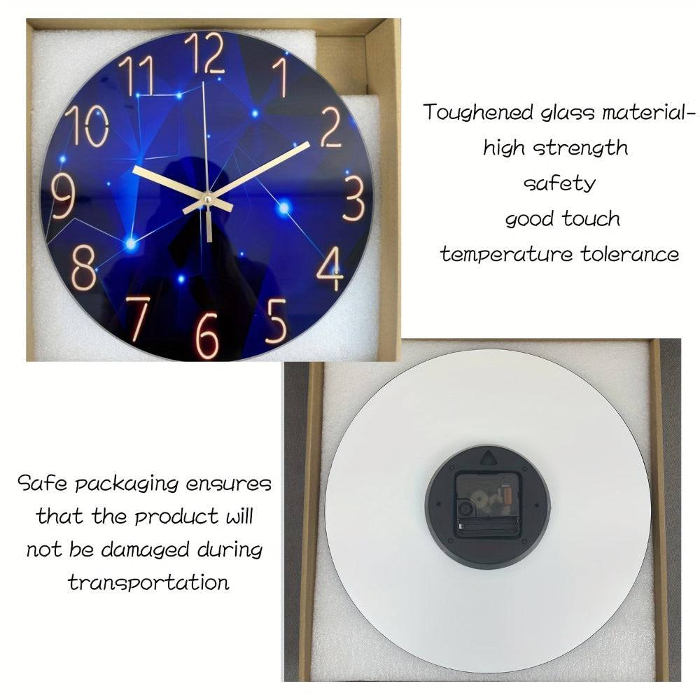 Modern Blue Glass Wall Clock Silent Non-Ticking Quartz Movement Battery Operated Tempered Glass Large Wall Clock for Living Room Bedroom Office Home Decor Gift