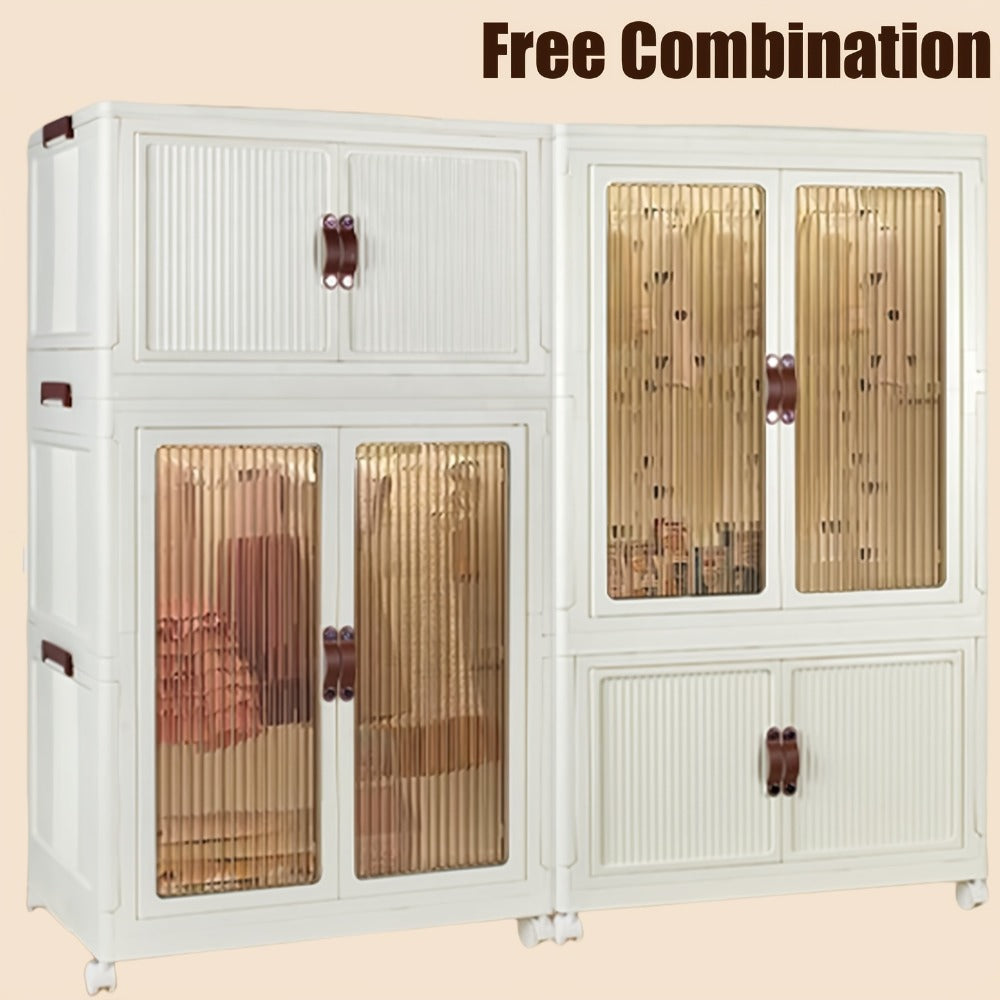 Portable Closet Wardrobe with Wheels & Hanging Rod ¨C Foldable Clothes Cabinet with Doors, 10 Hangers, Stackable Storage Bins, 70 GAL Collapsible Plastic Wardrobe Organizer