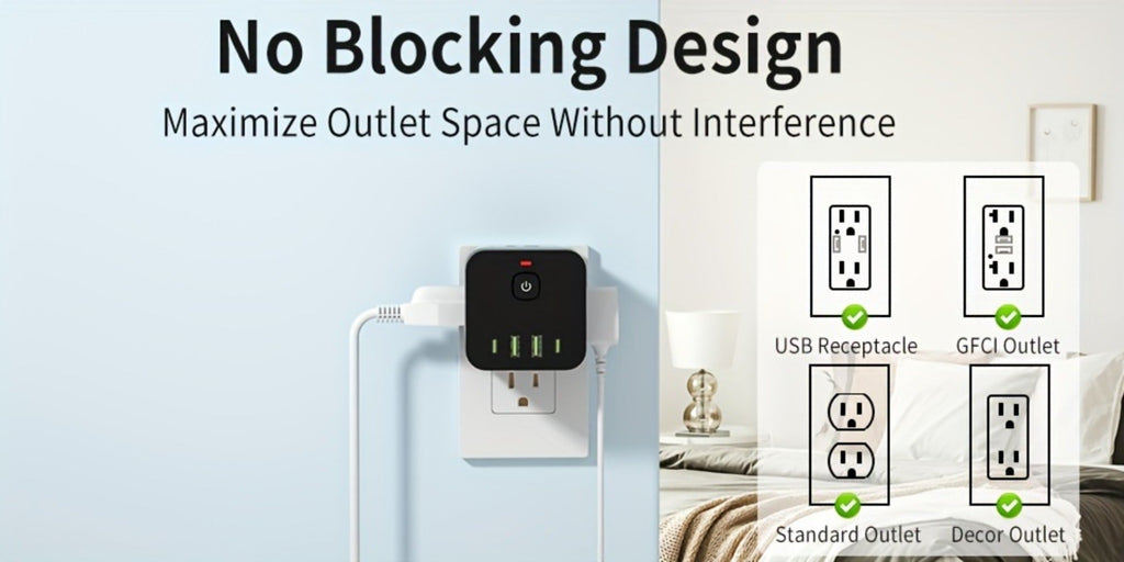 Surge Protector Power Socket 4 Side Outlets 2 USB-A 2 USB-C Overload Protection Power Off Switch Multifunctional for Living Room Kitchen Bathroom Bedroom Office Black