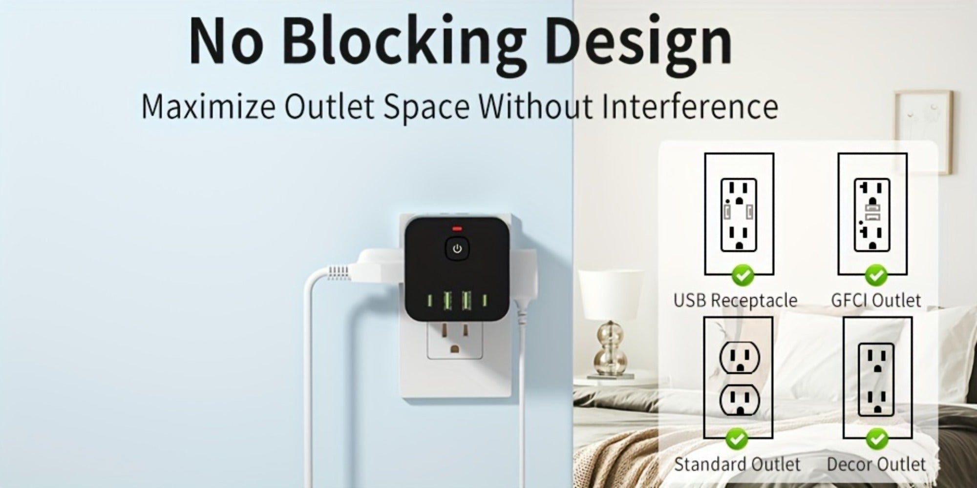 Surge Protector Power Socket 4 Side Outlets 2 USB-A 2 USB-C Overload Protection Power Off Switch Multifunctional for Living Room Kitchen Bathroom Bedroom Office Black