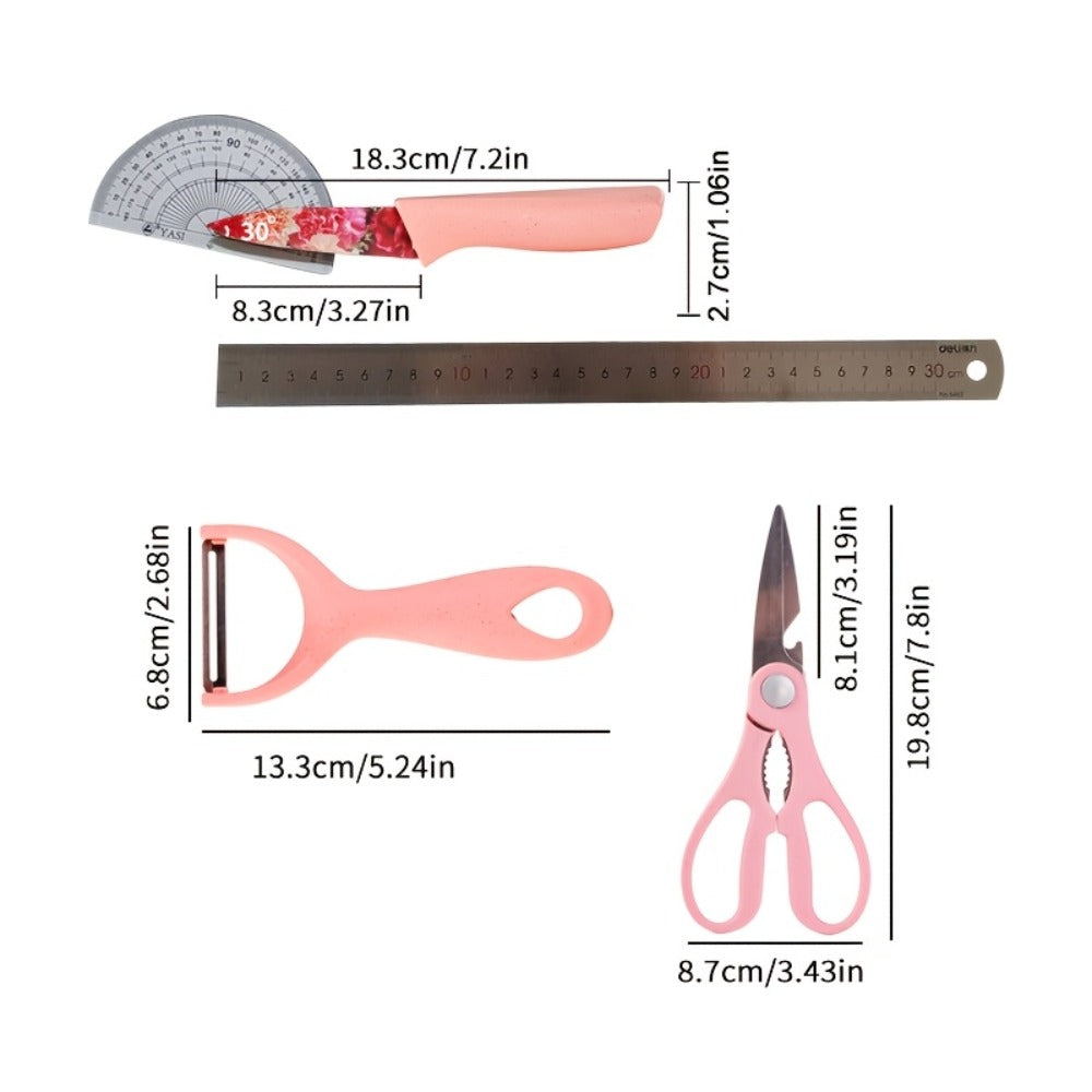 Kitchen Knife Set 6 Piece with Floral Pattern, High Carbon Stainless Steel Chef Knife Set with Ergonomic Handle, Sharp Meat Cleaver Bread Knife Scissors Peeler, Colorful Cooking Knife Gift Set for Women Men