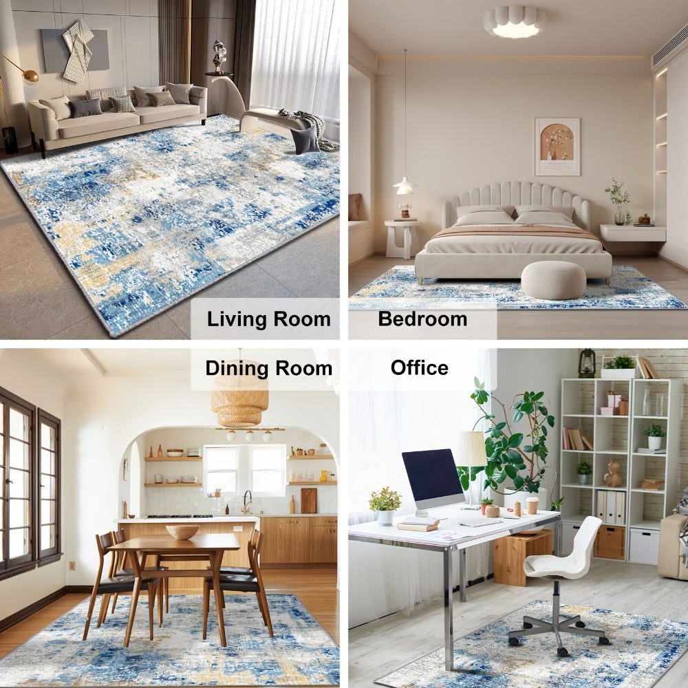 Moroccan Boho Area Rug Machine Washable Low Pile Soft Indoor Carpet for Living Room Bedroom Office Neutral Blue Brown Red Multi-Size