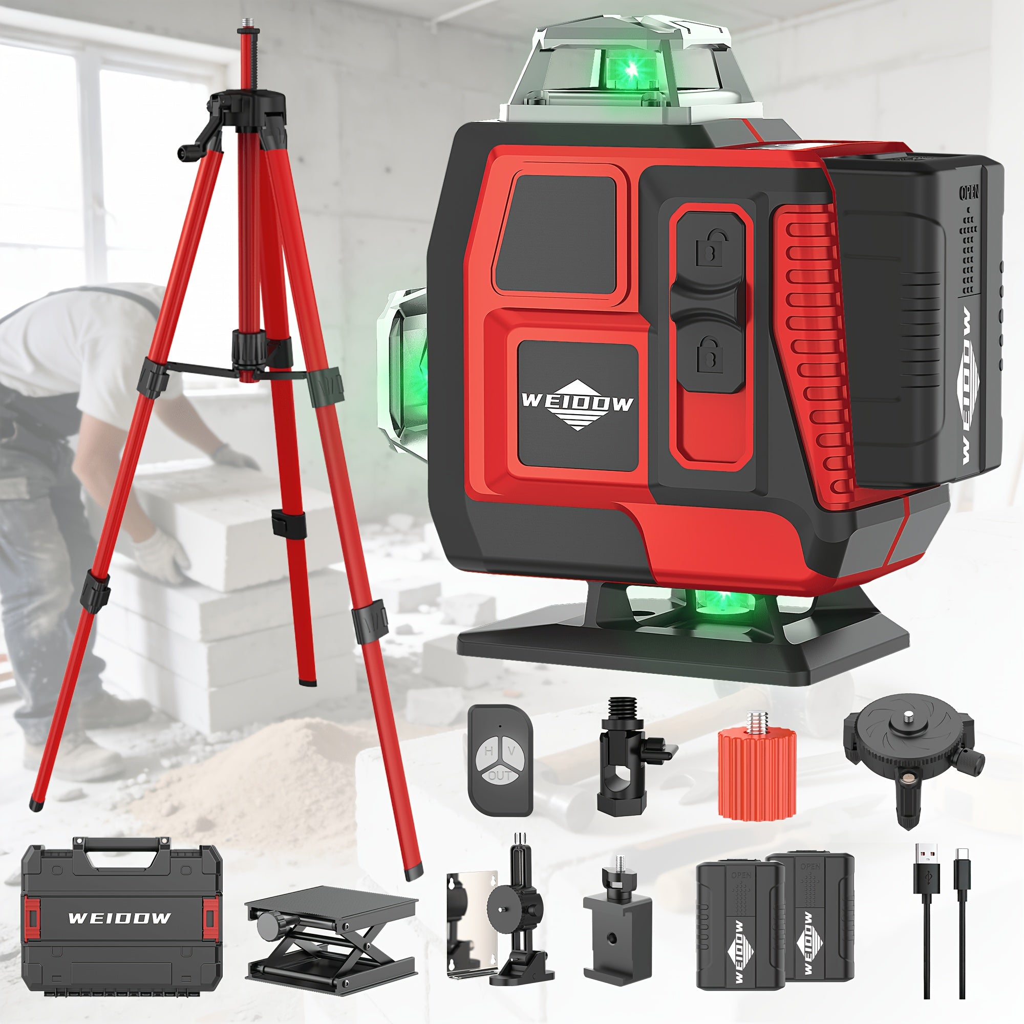 Laser Level 16 Line 4D Green Self-Leveling with Tripod 360 Degree Rotary Cross Line High Precision Auto Leveling Tool Rechargeable Lithium Battery Vertical Horizontal for Tiling Hanging Pictures Construction