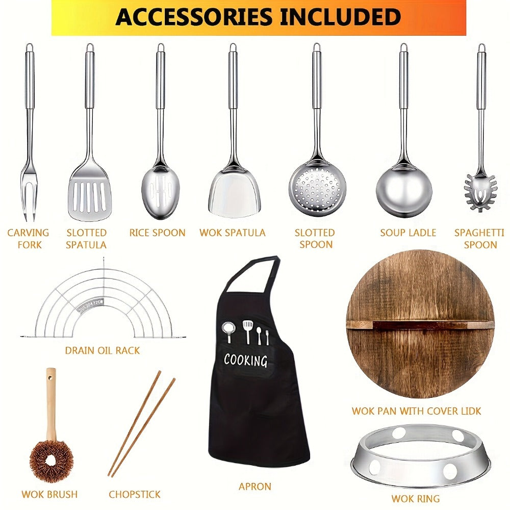 Carbon Steel Wok Set with Lid & Accessories ¨C 14-Piece Non-Stick Stir Fry Pan 12.6¡± for Gas Electric Induction All Stoves | Wok Pan with Spatula Brush Ring Utensils Kitchen Cooking Set