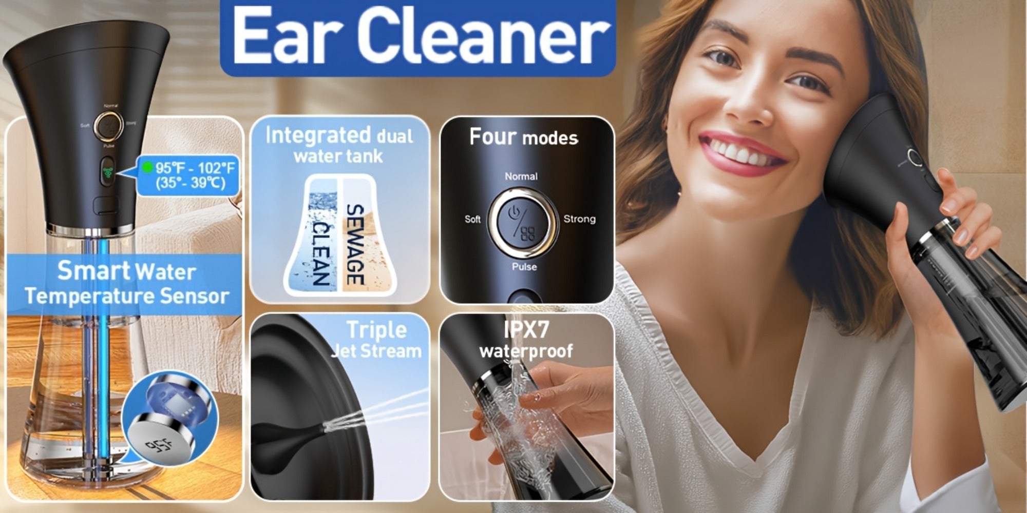 Electric Ear Irrigation Kit Upgraded 4-Speed Dual Tank Design ¨C 6 Tips Hydraulic Ear Wax Removal with Water Temp Sensor, Visual Waste Tank, USB Rechargeable, Nozzle Belt, Safe Home Ear Cleaner