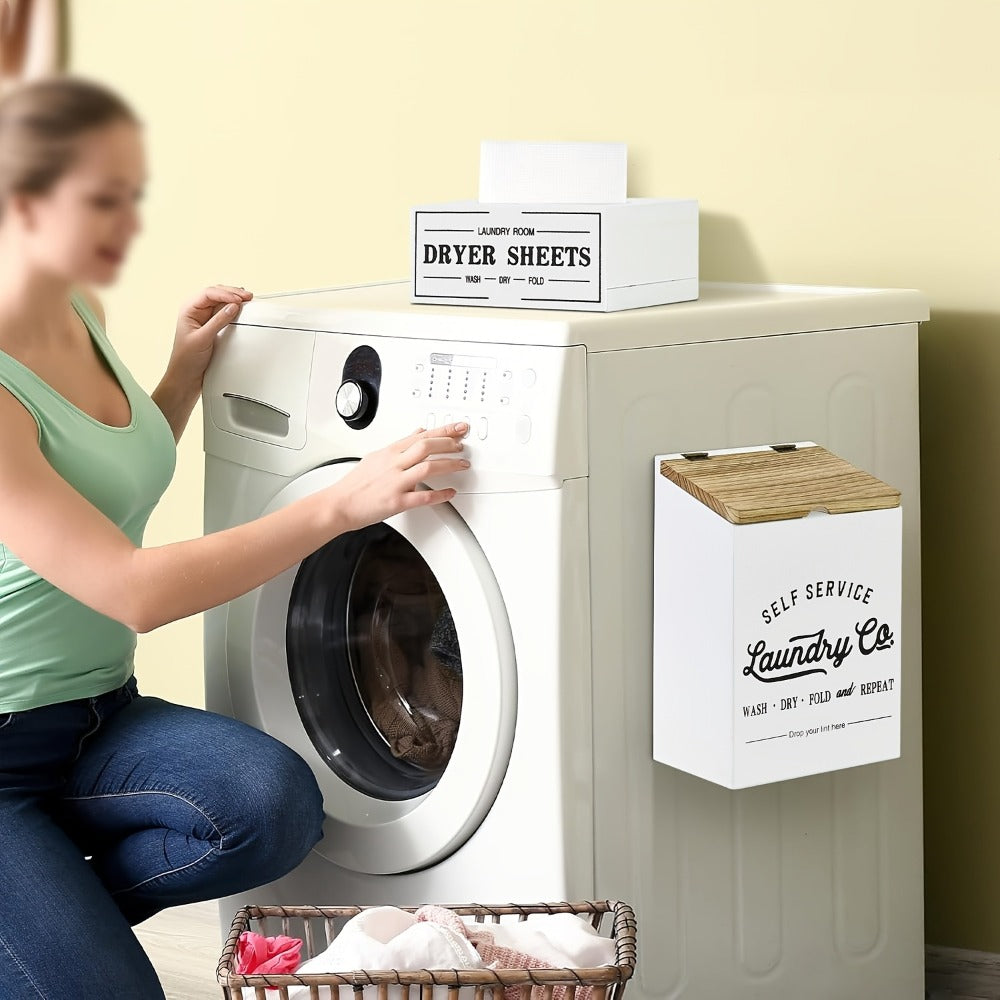 Magnetic Lint Holder & Dryer Sheet Dispenser 2-Pack, Farmhouse Wooden Lint Trash Can with Lid for Dryer, Wall Mount Dryer Sheet Box Organizer for Laundry Room Decor, Magnetic Laundry Organizer Set