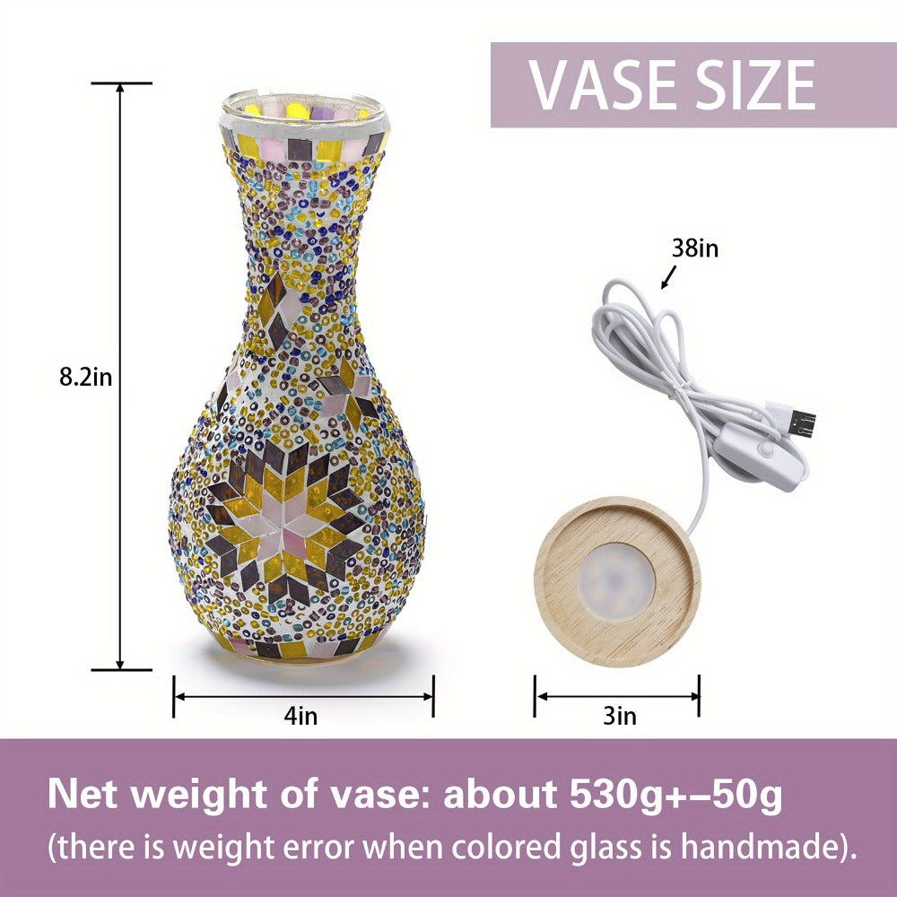 Mosaic Vase Lamp Turkish Moroccan Handmade Colorful Glass Table Lamp with Wooden Base ¨C USB Plug-In Boho Night Light, Flower Vase Lamp for Bedroom Living Room Decor, Bohemian Mosaic Desk Lamp Gift