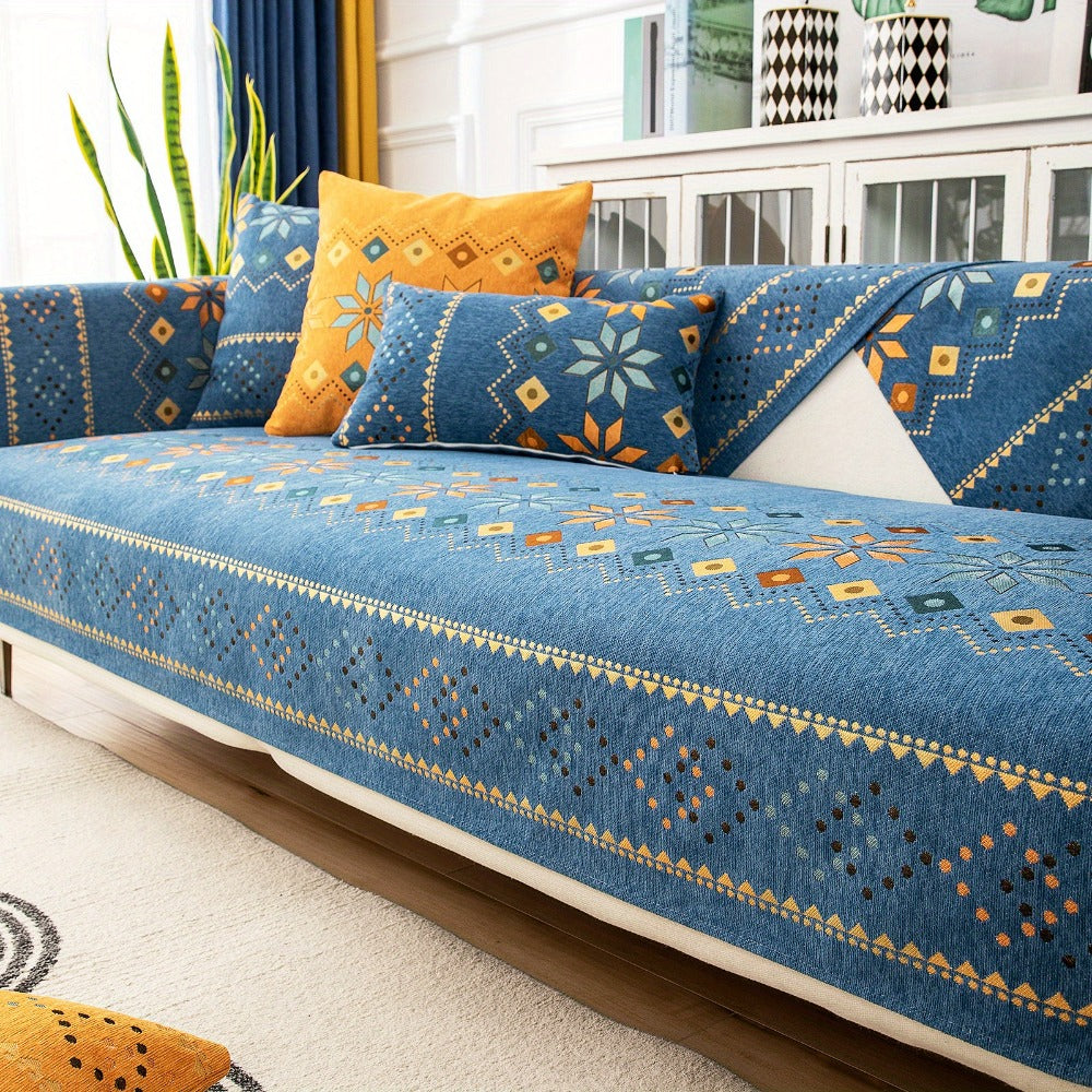 Bohemian Chenille Sofa Cover | Geometric Print Non-Slip Couch Slipcover, Thick Plush Boho Style, 1 to 4 Seat, Armrest & Backrest, Machine Washable, Sectional Sofa Protector
