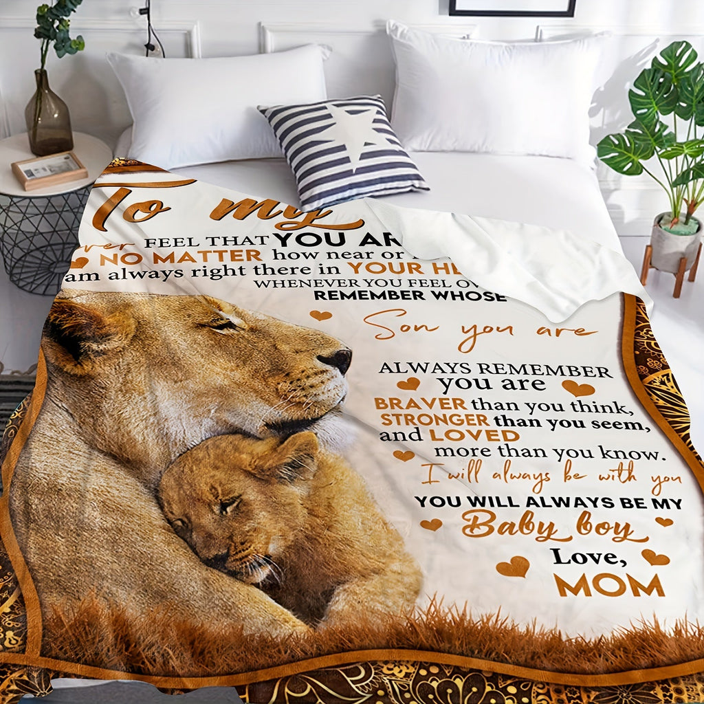 Flannel Throw Blanket with Lion Design & Inspirational Quote - Soft Cozy Knit Polyester, Heartfelt Gift for Son from Mom, Warm Home Decor Blanket