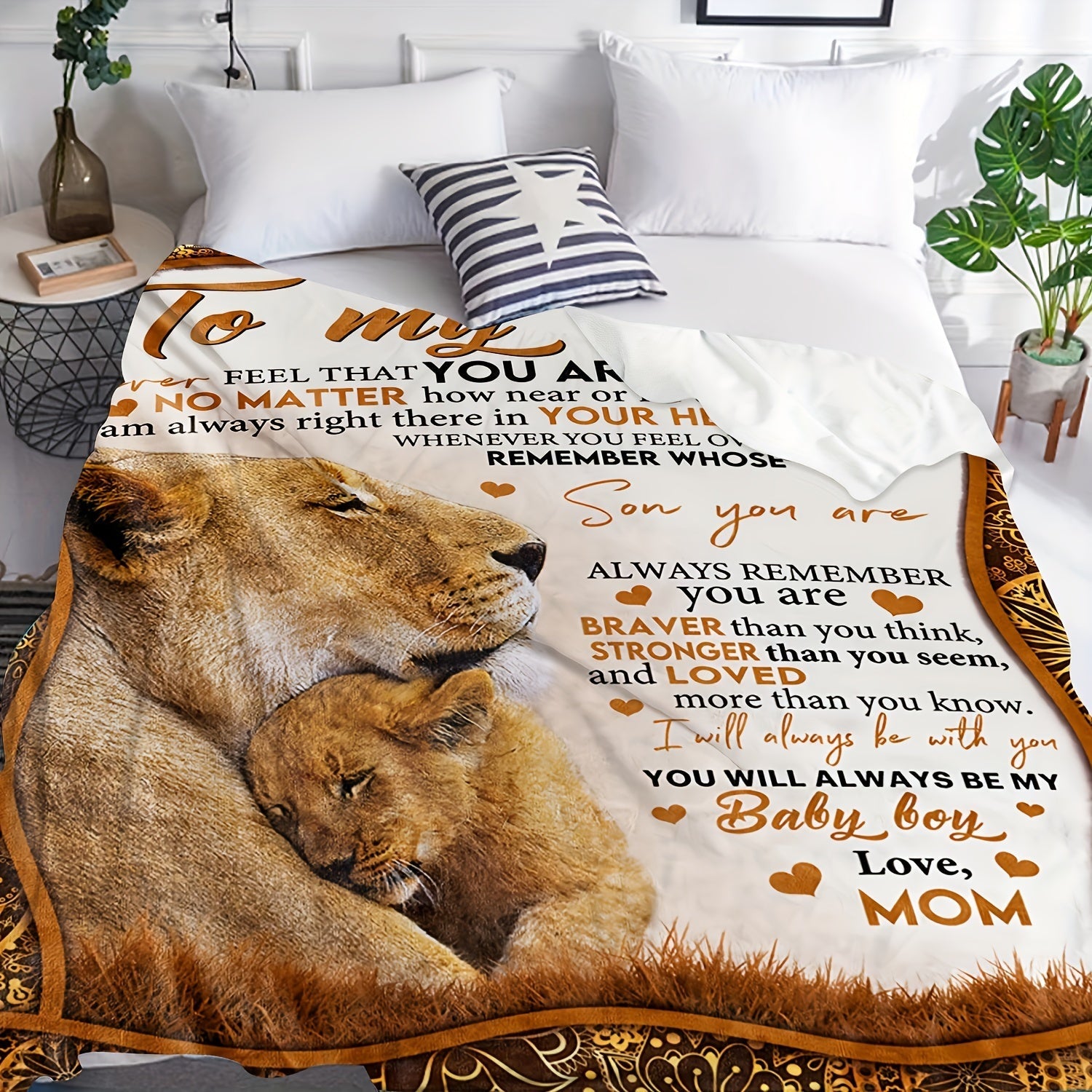Flannel Throw Blanket with Lion Design & Inspirational Quote - Soft Cozy Knit Polyester, Heartfelt Gift for Son from Mom, Warm Home Decor Blanket
